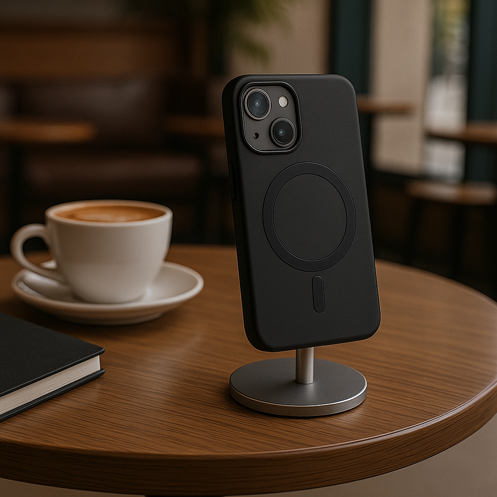 Black phone stand with a smartphone on a wooden table with a cup of coffee and notebook.