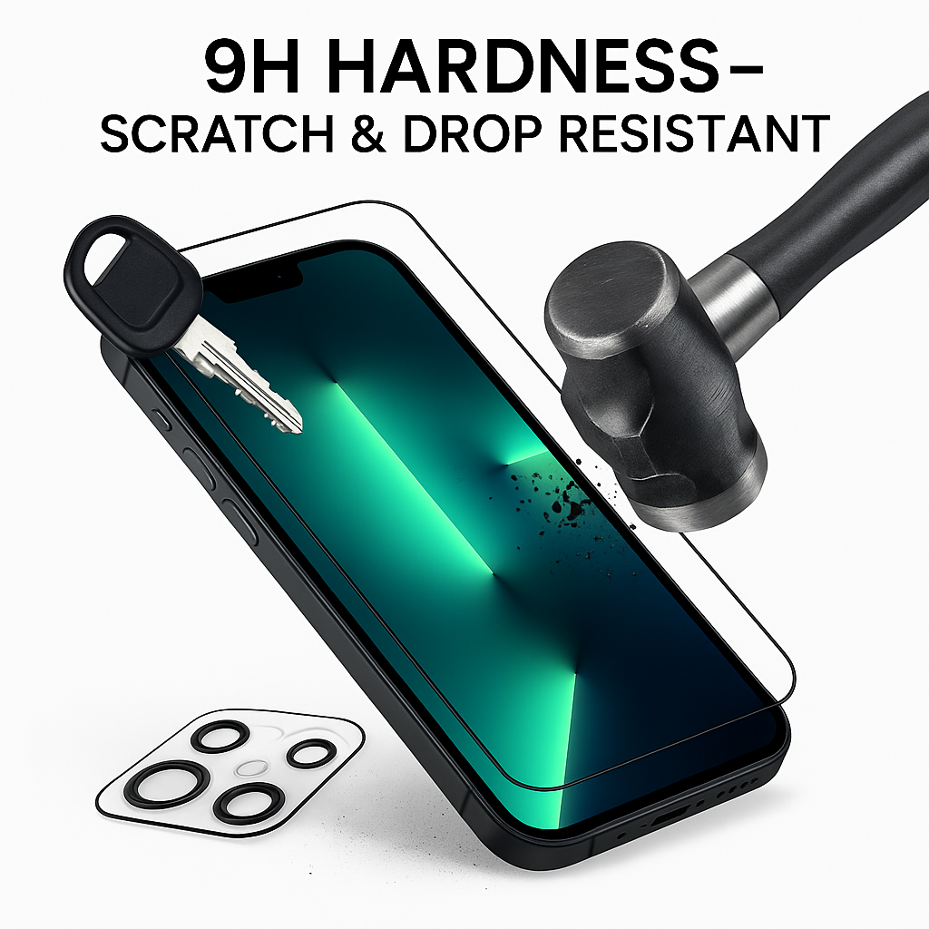 Smartphone with a screen protector, hammer, and stylus on a white background with text '9H Hardness - Scratch & Drop Resistant'.