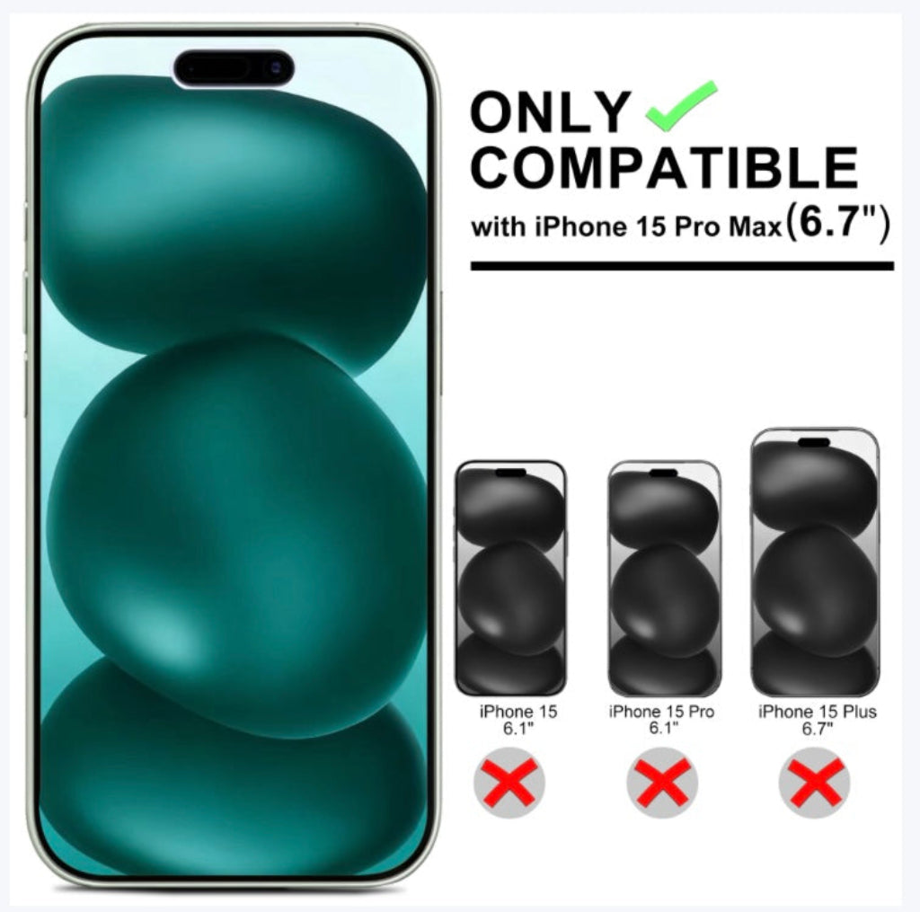 Smartphone with compatibility label for iPhone 15 Pro Max on a white background