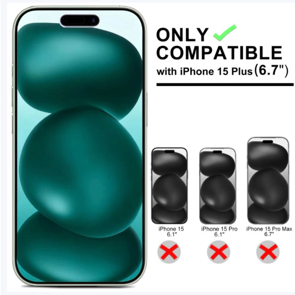 Phone case compatibility with iPhone 15 Plus on a white background