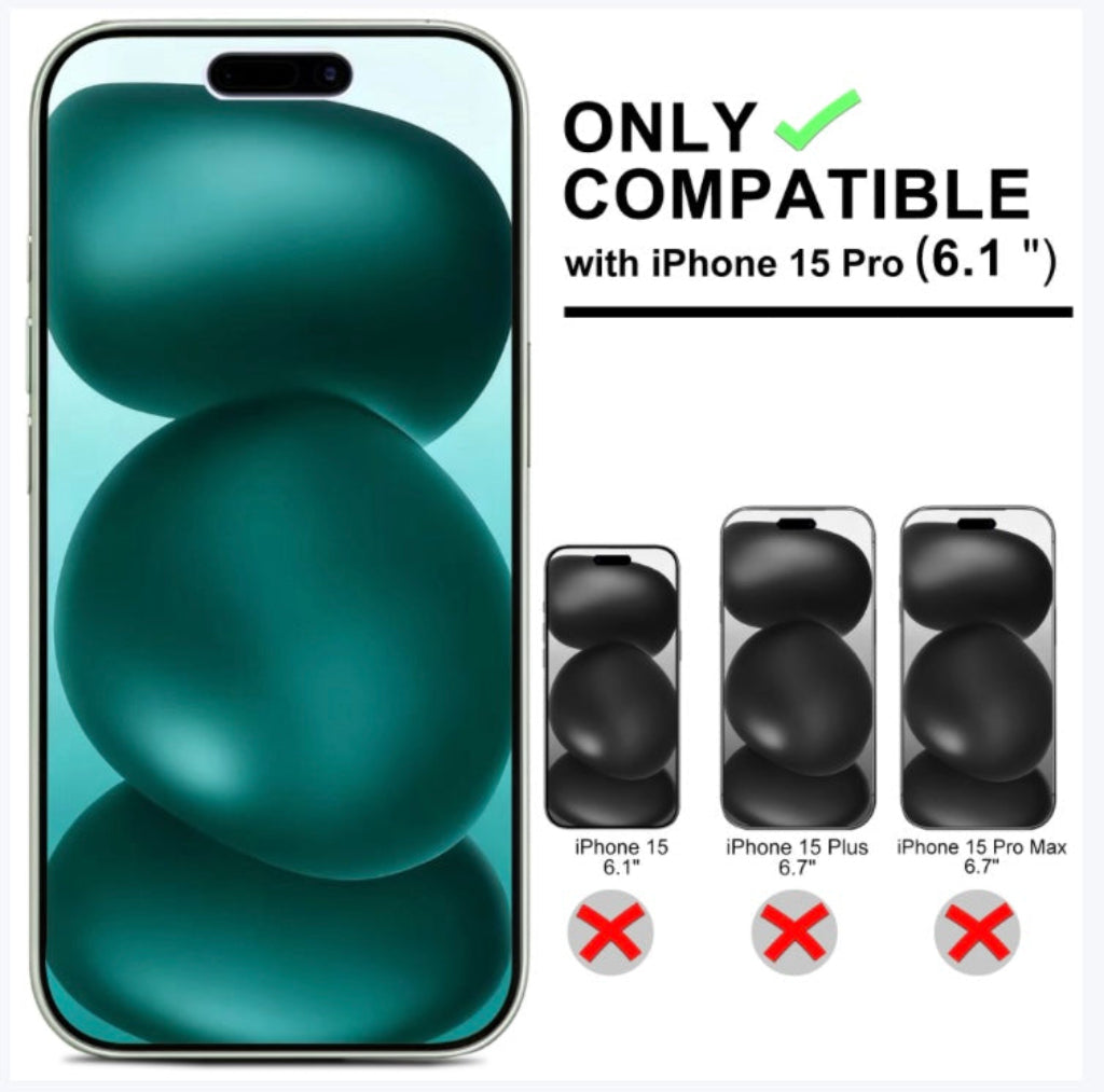 Smartphone with compatibility label for iPhone 15 Pro on a white background