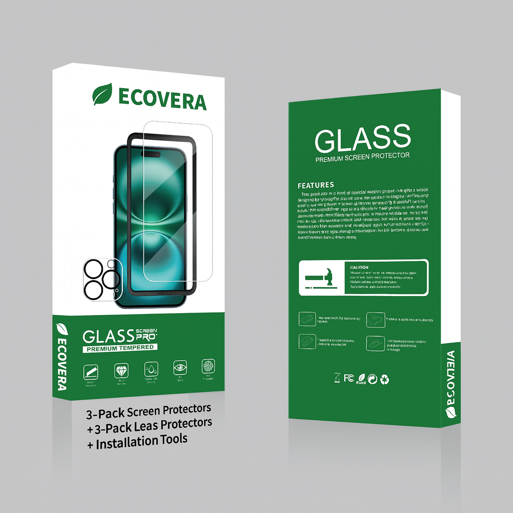 Ecovera glass screen protector packaging on a gray background