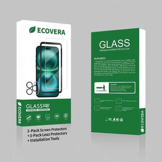 Ecovera glass screen protector packaging on a gray background