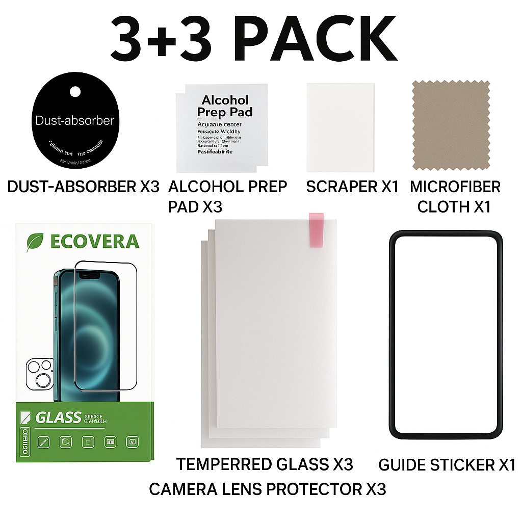 Packaging of screen protection items including dust absorbers, alcohol prep pads, a scraper, microfiber cloth, tempered glass, and camera lens protector.