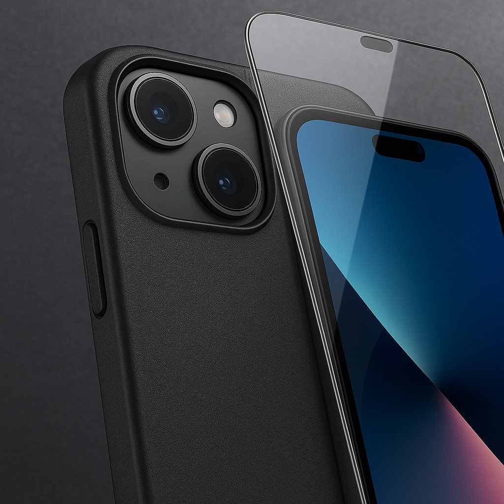 Black phone case and screen protector on a dark background