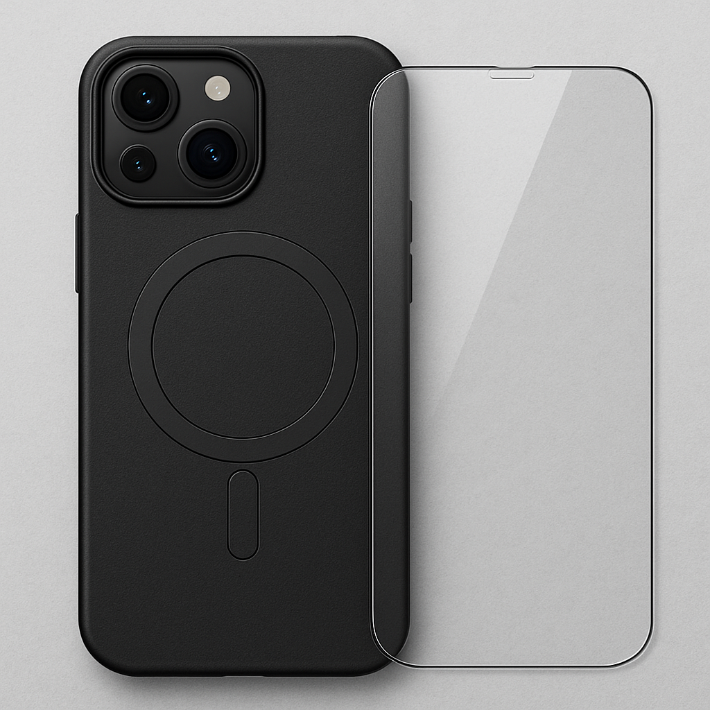 Black phone case with a clear screen protector on a gray background