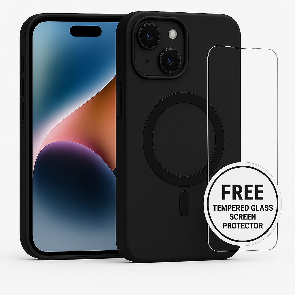 Black phone case with free tempered glass screen protector offer on a white background