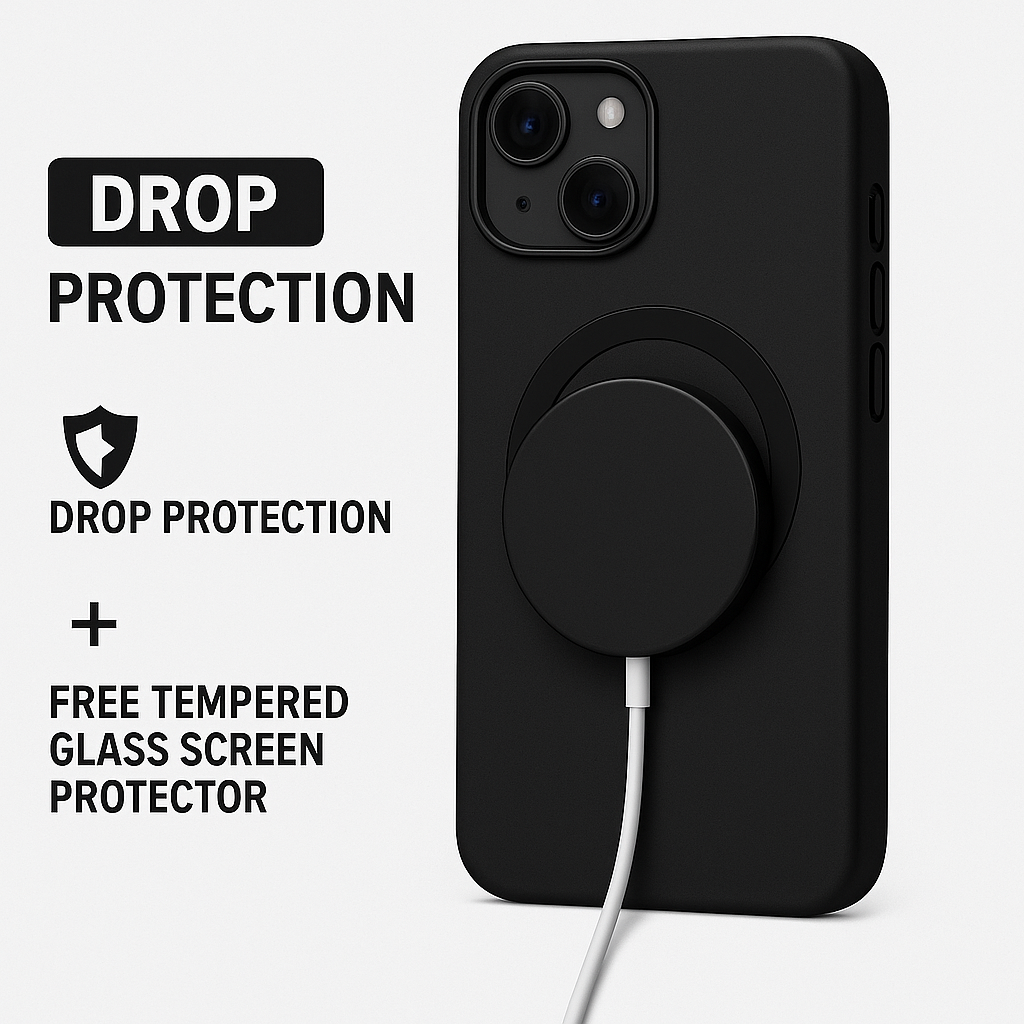 Black phone case with popsocket and cable, featuring drop protection and screen protector text on a white background.