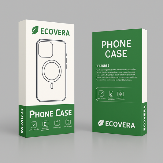 Ecovera phone case packaging on a gray background