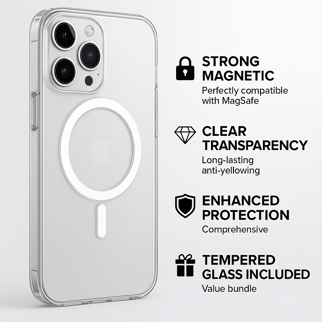 Phone case with magnetic feature and clear transparency on a white background