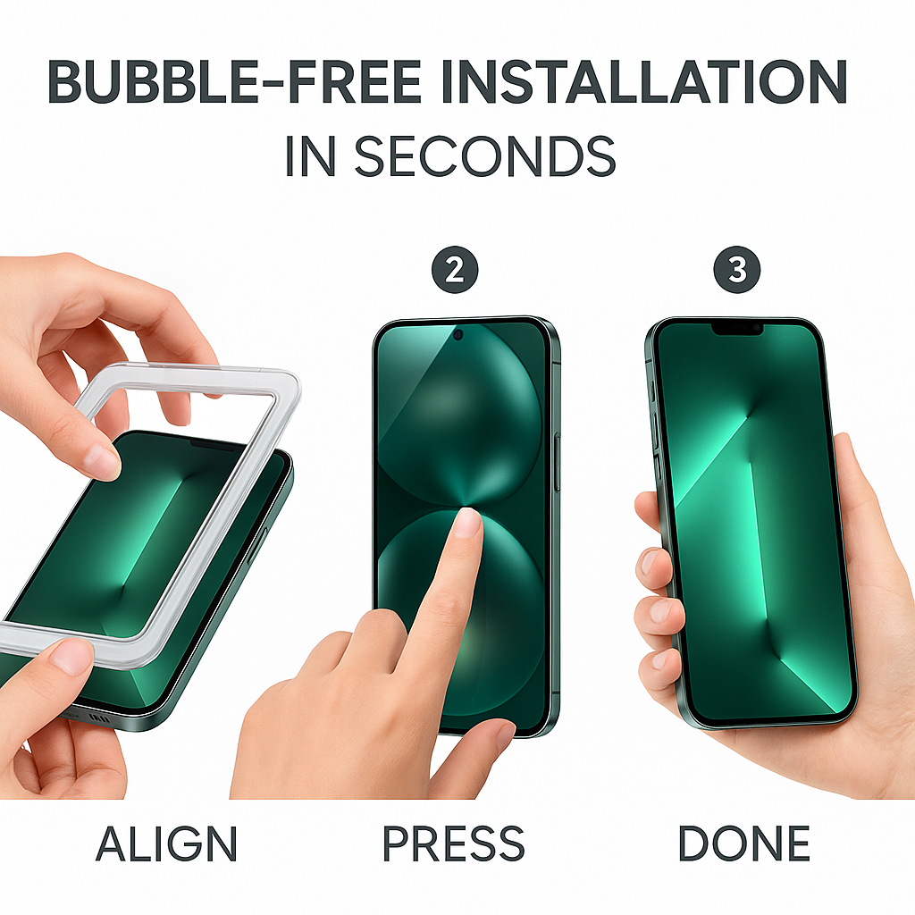 Step-by-step process of installing a phone case with hands aligning, pressing, and showing the final product.