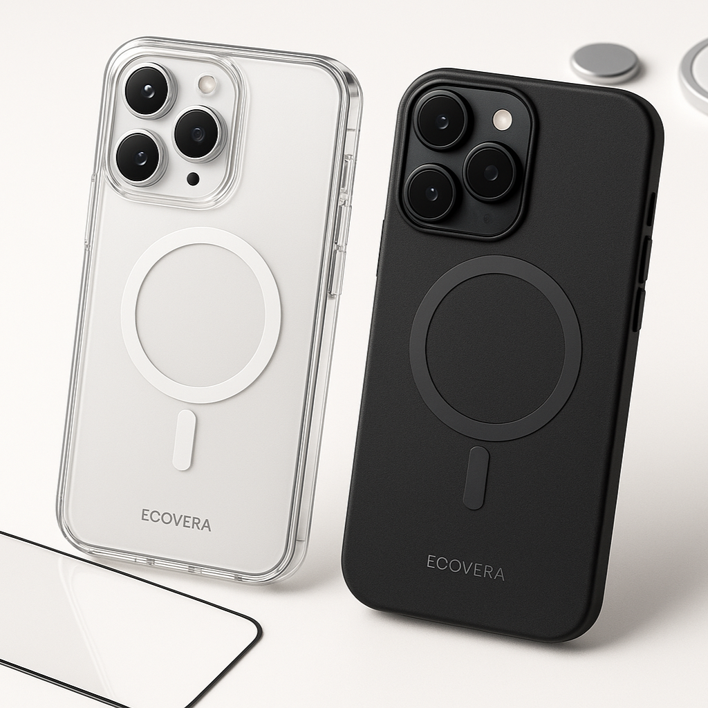 Two phone cases with 'Ecovera' branding on a white background